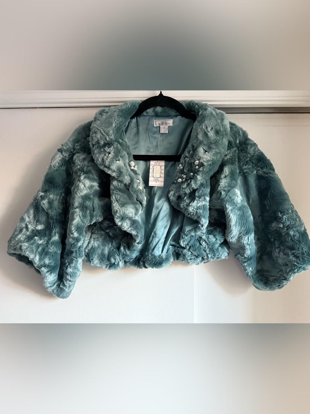 Lulu Guinness Aqua Teal Faux Fur Cropped Jacket with Pearl Detail